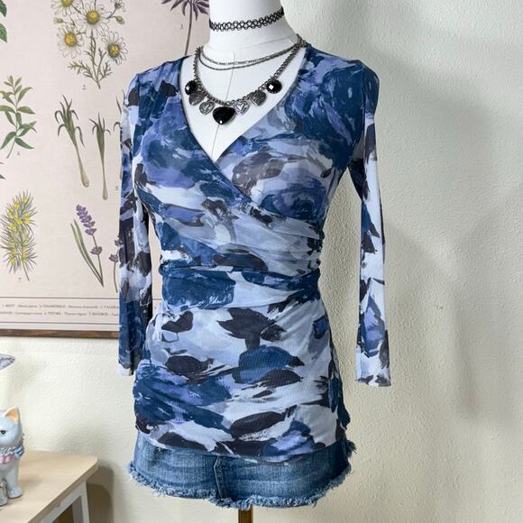 Y2k Cache Blue Floral Mesh Ruched Faux Wrap Stretch Top Romantic Fairy Bimbo S M - Picture 2 of 7